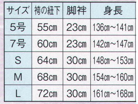 日本の歳時記 7728 たっつけ風袴 丼印  サイズ表